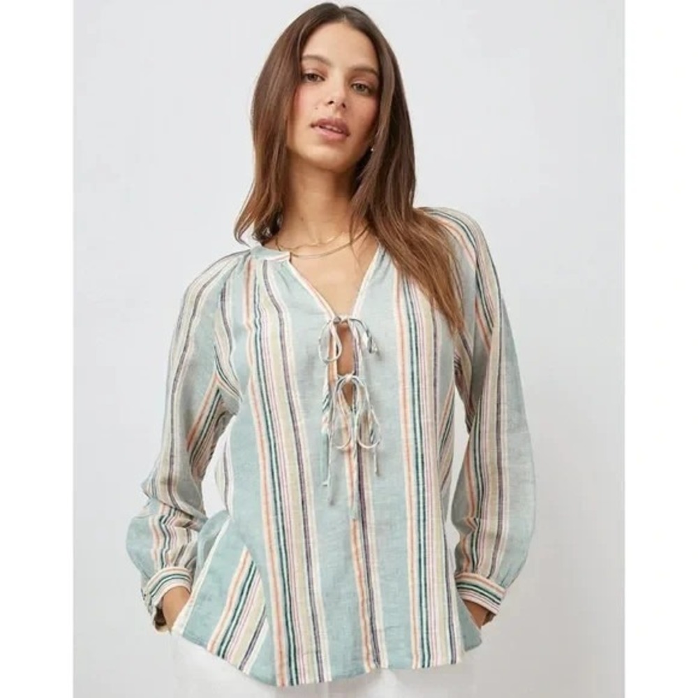 Rails Long Sleeve Women's XS Multi Brielle Harbour Stripe Linen Blend Blouse NWT